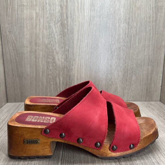 Bongo Wooden Platform Clog Sandal Size 9 Slip On Block Heel Open Toe Leather Red - Picture 1 of 12